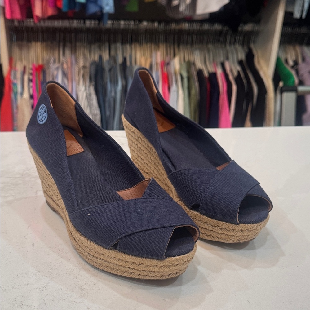 Tory Burch Navy Canvas Wedge Espadrilles